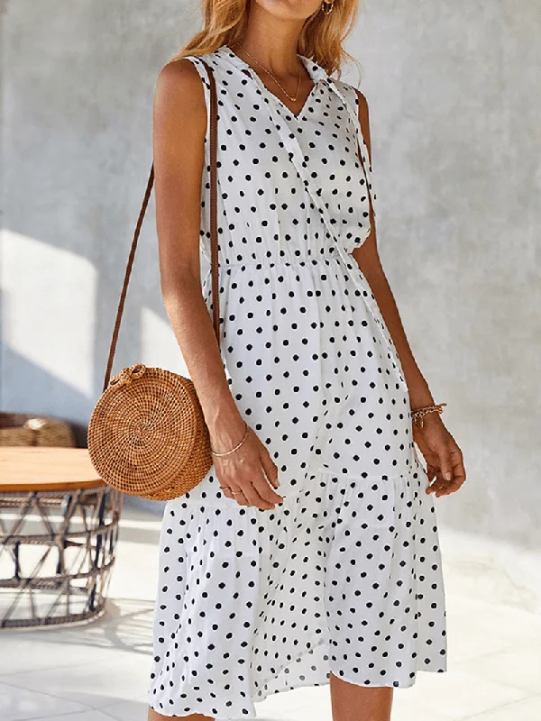 Polka Dot Print V-Neck Sleeveless Knotted Pleated Dress for Women