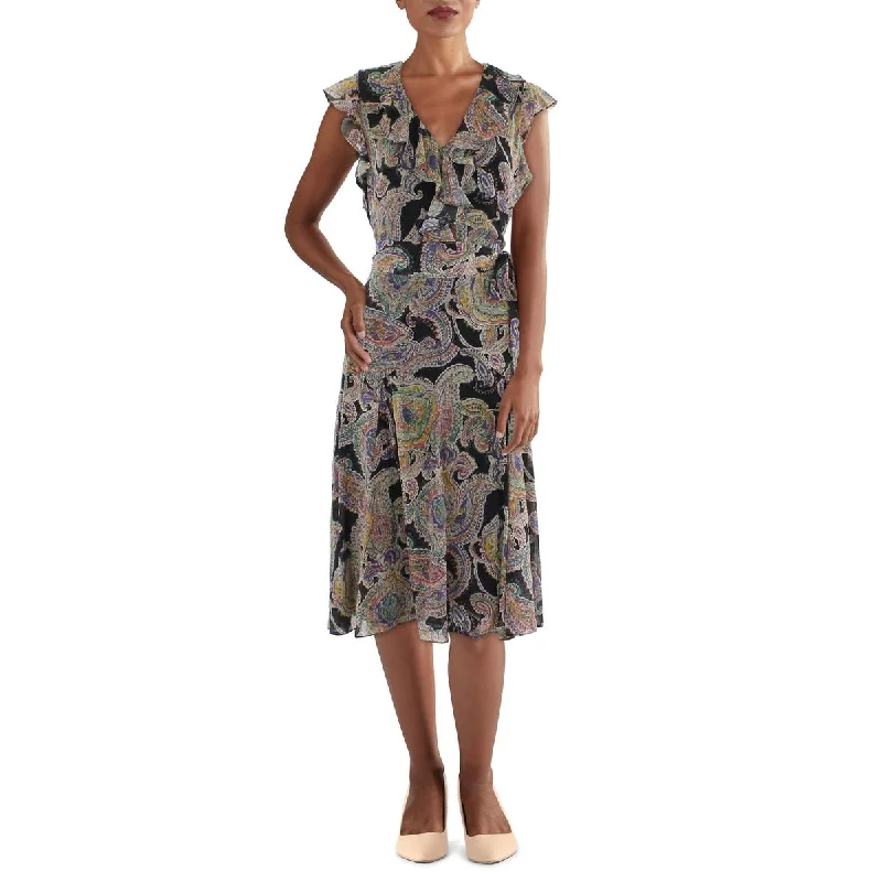 Lauren Ralph Lauren Womens Ruffled V Neck Midi Dress