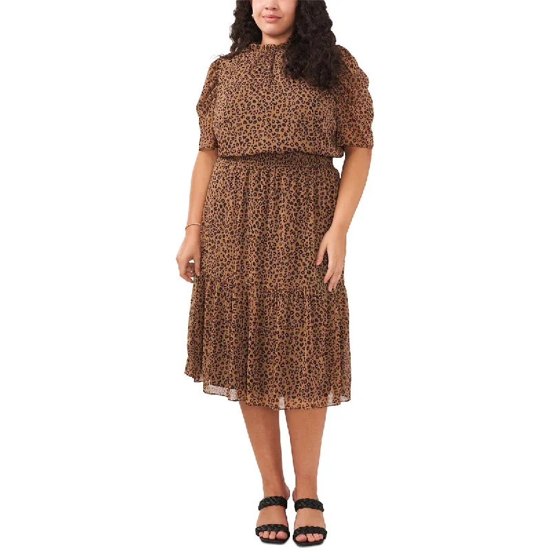 MSK Women Womens Plus Smocked Animal Print Midi Dress