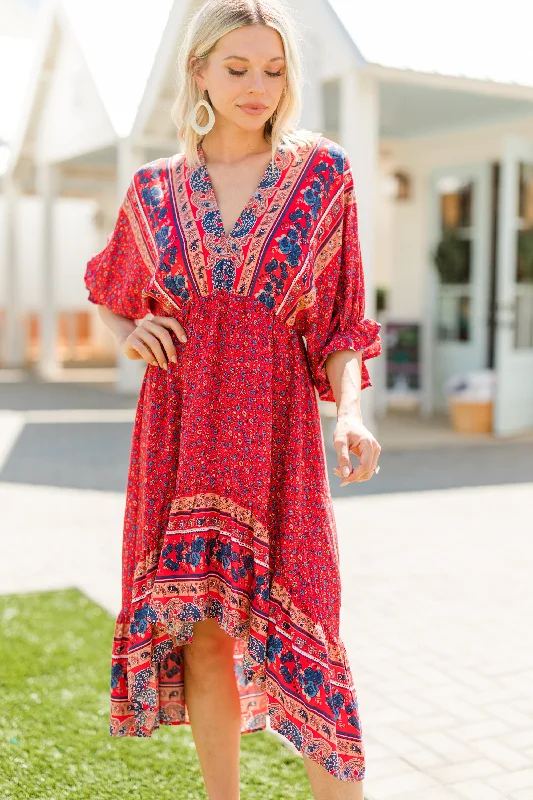 Boho Summer Red Floral Midi Dress