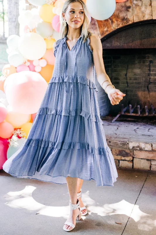 Pursue Perfection Chambray Blue Ruffled Midi Dress