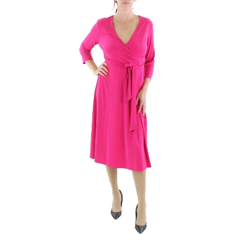 Lauren Ralph Lauren Womens 3/4 Sleeves V-Neck Midi Dress