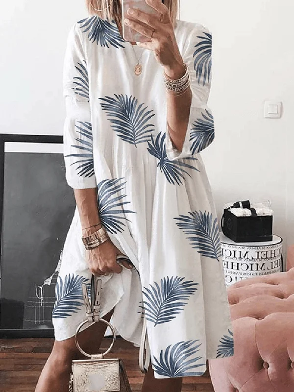 Women Floral Plant Print Long Sleeve Beach Holiday Loose Dress