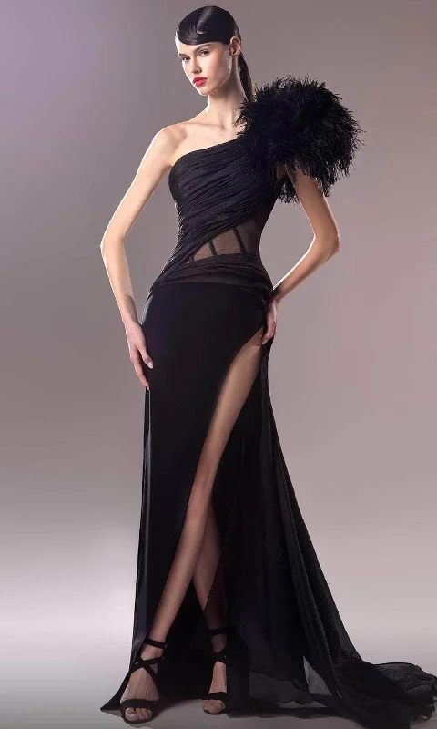 MNM Couture G1618 - Feathered One Shoulder Evening Gown