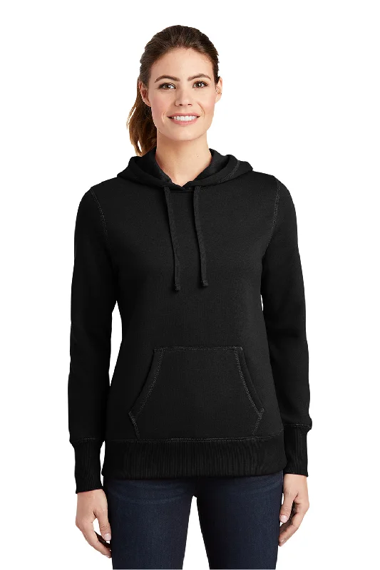 Sport-Tek Womens Shrink Resistant Fleece Hooded Sweatshirt Hoodie w/ Pouch Pocket - Black