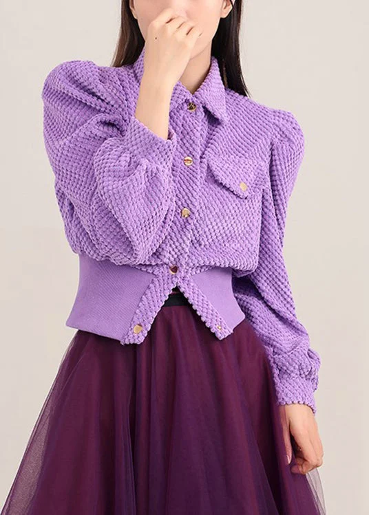 Simple Purple Puff Sleeve Button Coat Spring