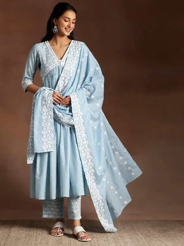 Blue Embroidered Cotton A-Line Kurta With Palazzos & Dupatta