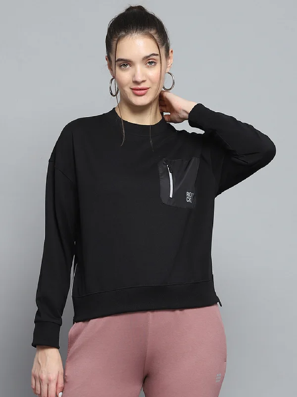 Women Black Printed Round Neck Full Sleeve Sweatshirt