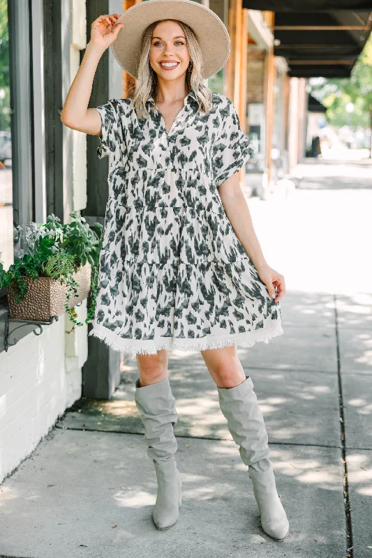 Put On A Show Oatmeal White Animal Print Dress