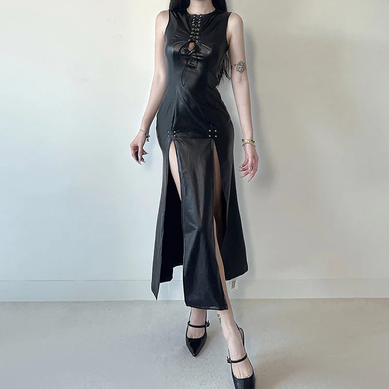 Women's Punk Lace-up Side Slit Faux Leather Music Festival Dress