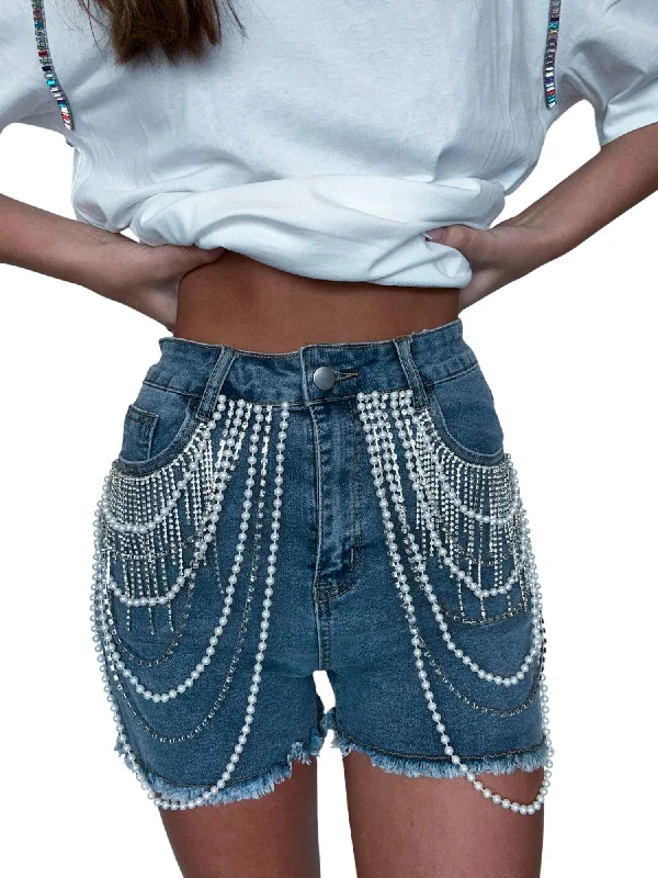 Wrap Me In Pearls Denim Shorts In Medium Wash