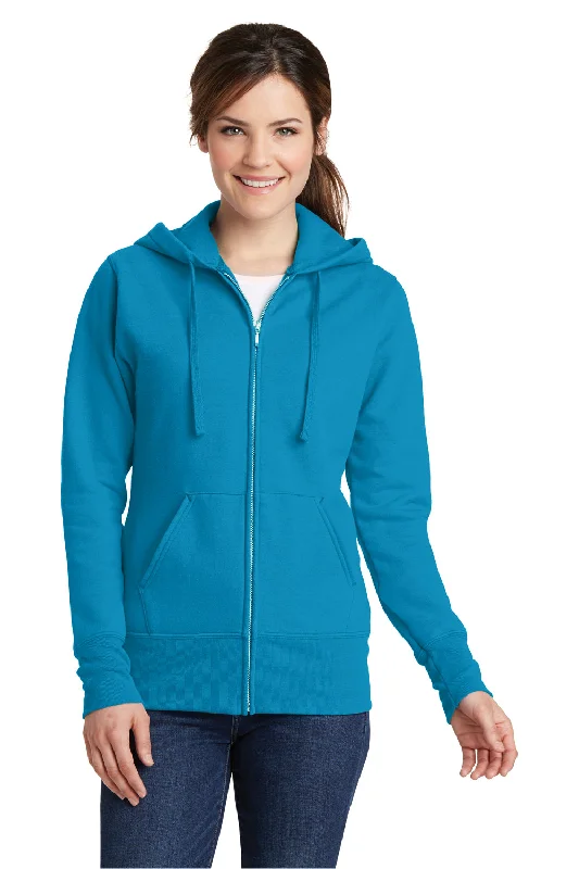 Port & Company Womens Core Pill Resistant Fleece Full Zip Hooded Sweatshirt Hoodie w/ Pockets - Neon Blue - Closeout