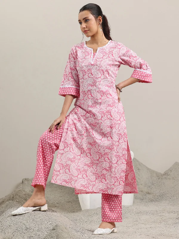 Pink Printed Cotton Straight Kurta With Trousers