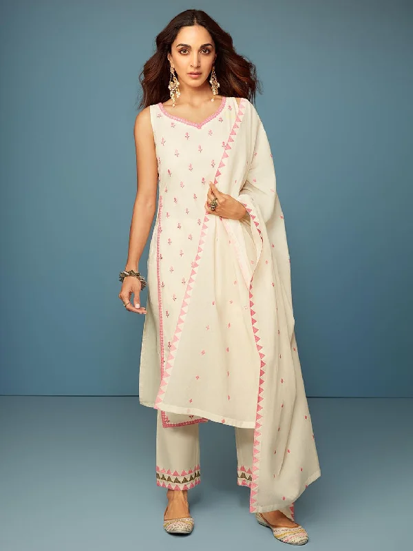 Off White Embroidered Cotton Straight Suit With Dupatta