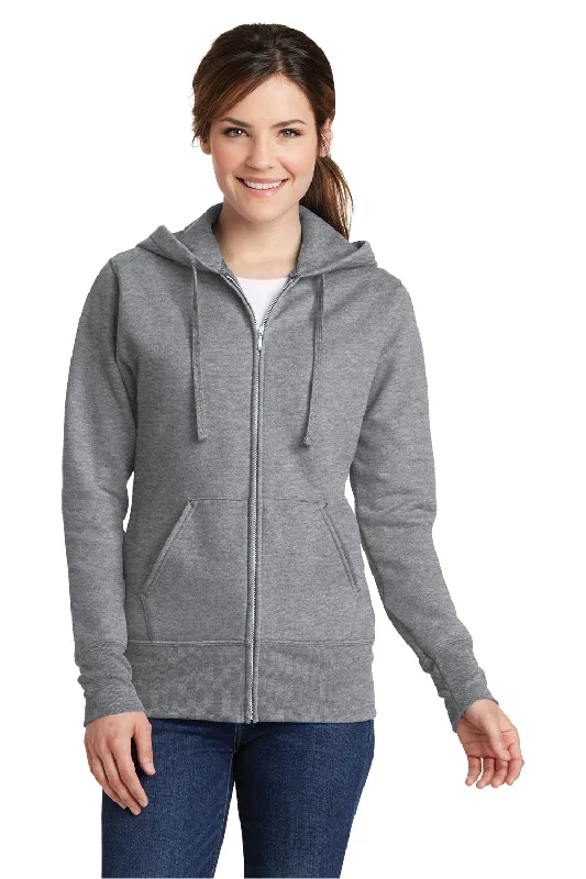 Port & Company Womens Core Pill Resistant Fleece Full Zip Hooded Sweatshirt Hoodie w/ Pockets - Heather Grey