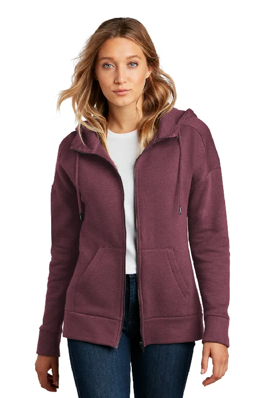 District Womens Perfect Weight Fleece Full Zip Hooded Sweatshirt Hoodie w/ Pockets - Heather Loganberry - Closeout