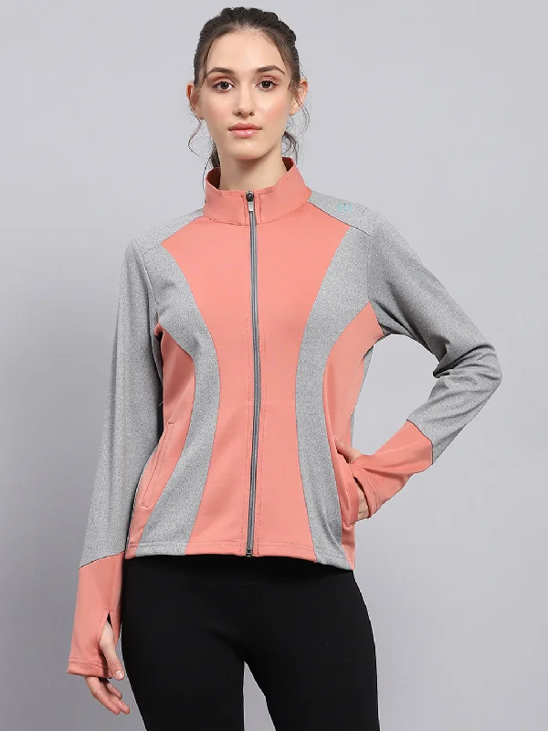 Women Coral & Grey Solid Mock Neck Full Sleeve Sweatshirt