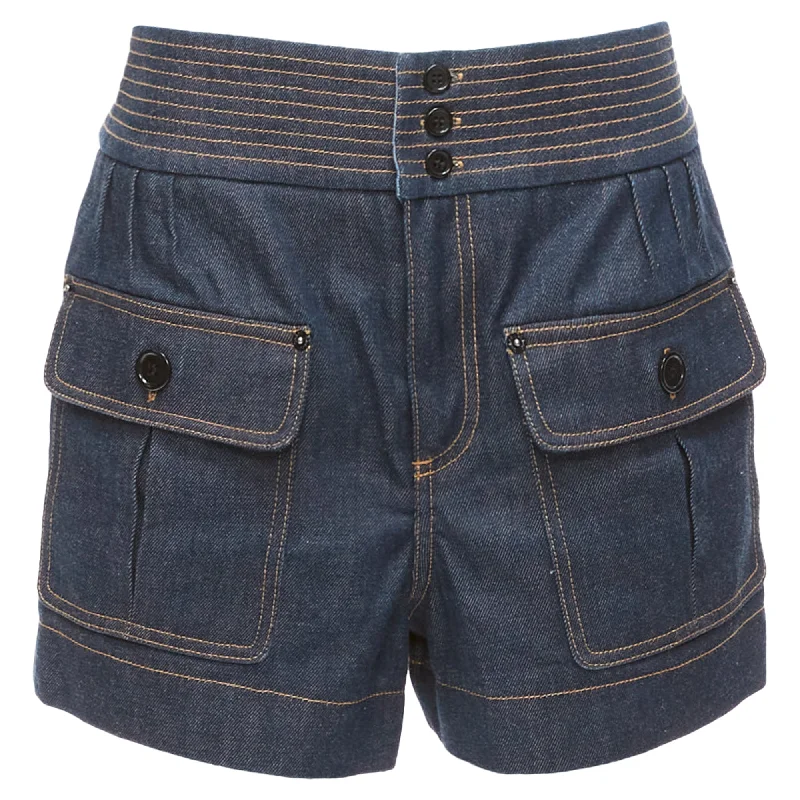 Chloe Cotton Raw Denim Topstitched Cargo Pocket Shorts