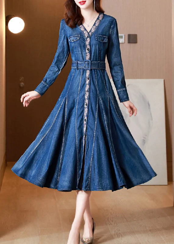 Casual Blue V Neck Print Button Sashes Silk Denim Maxi Dresses Long Sleeve