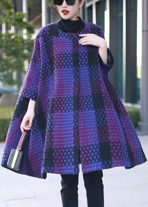 Loose Purple Plaid Button Patchwork Woolen Coat Winter