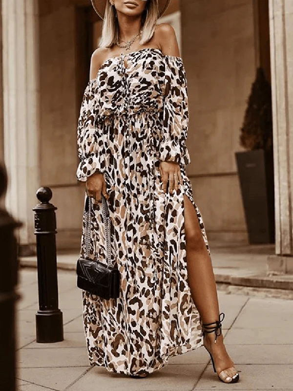 Women Leopard off Shoulder Thigh Split Casual Long Sleeve Maxi Dresses