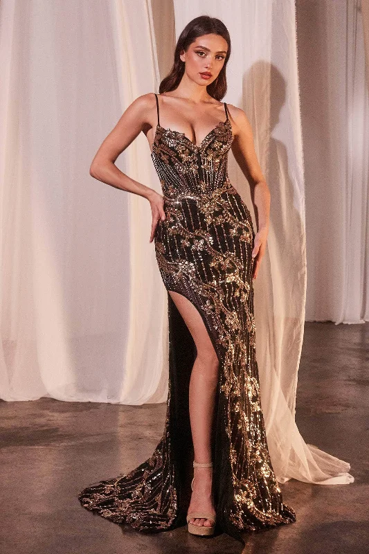 Ladivine CM358 - Gold Glamor Evening Gown