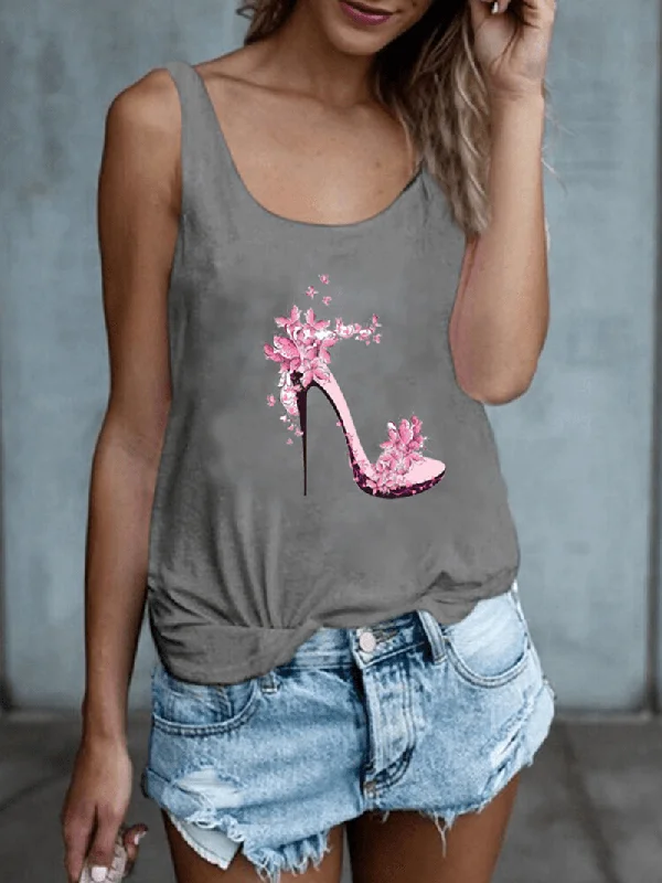 High Heels Flower Print Sleeveless Loose Casual Tank Tops for Women