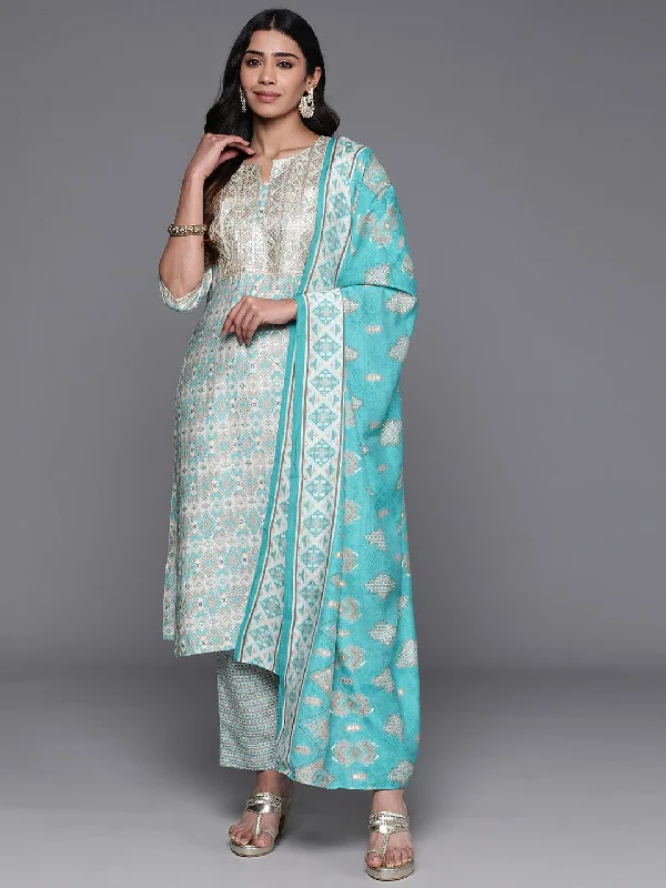 Blue Yoke Design Silk Blend Straight Suit With Dupatta