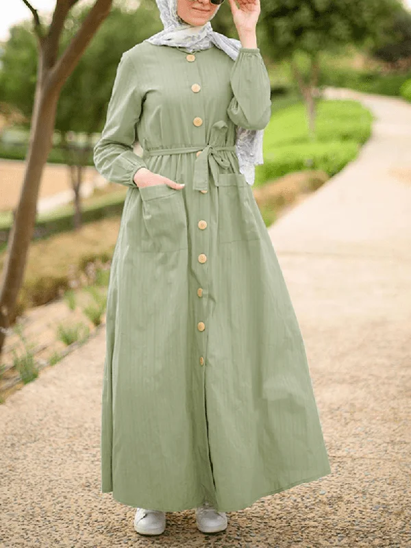 Women Front Pockets Lace-Up Mid-Calf Kaftan Length Maxi Dresses