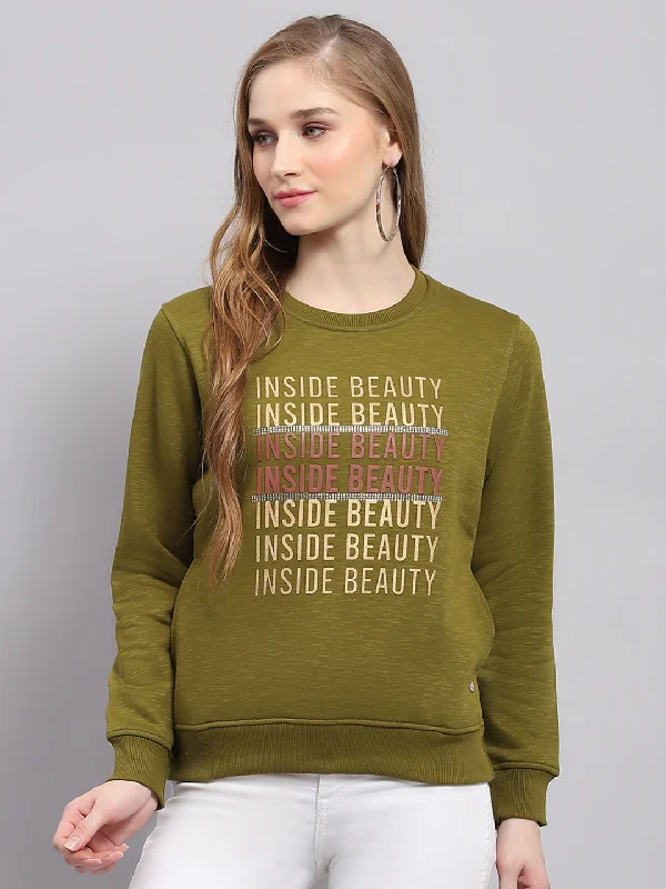 Women Green Printed Round Neck Full Sleeve Sweatshirt