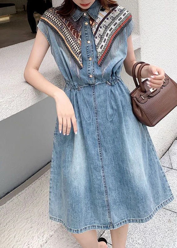 Modern Blue Peter Pan Collar Patchwork Drawstring Denim Mid Dress Short Sleeve