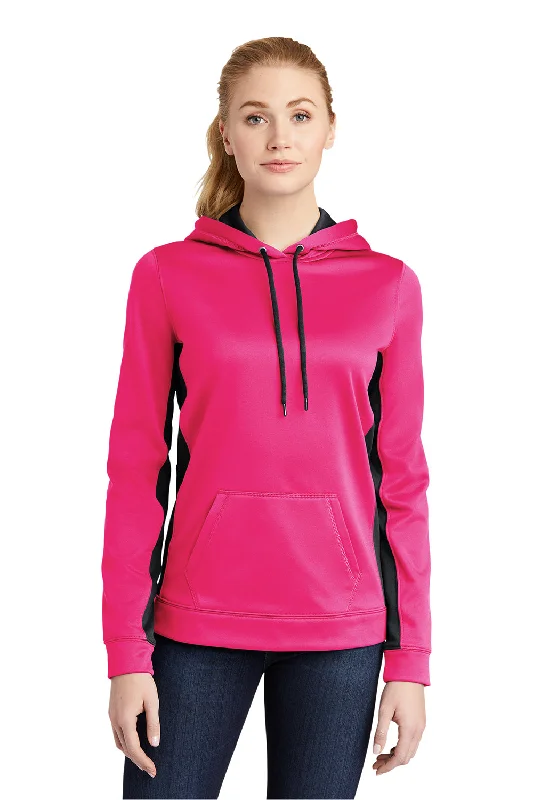 Sport-Tek Womens Sport-Wick Moisture Wicking Fleece Hooded Sweatshirt Hoodie w/ Pouch Pocket - Neon Pink/Black - Closeout