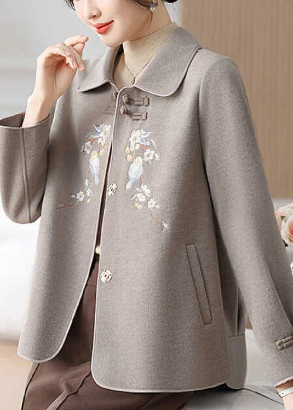 Boutique Grey Embroidered Oriental Button Woolen Coats Winter