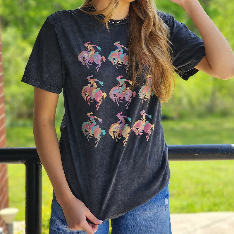 Vintage Black Mineral Wash Bucking Cowgirl Tee