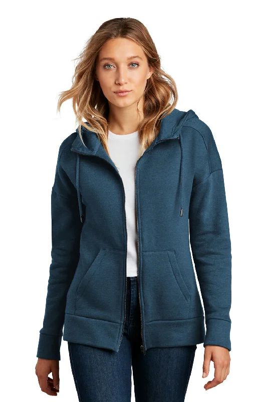 District Womens Perfect Weight Fleece Full Zip Hooded Sweatshirt Hoodie w/ Pockets - Heather Poseidon Blue - Closeout