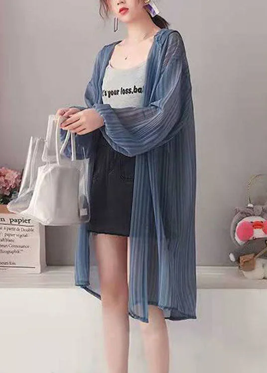 Loose Blue Hooded Striped Silk Cardigan Long Sleeve