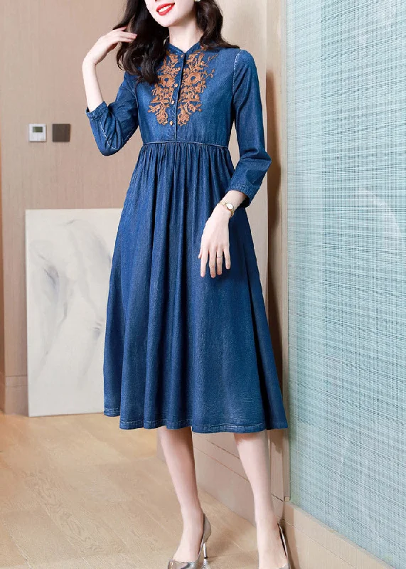 French Denim Blue V Neck Embroideried Patchwork Elastic Waist Cotton Long Dresses Spring