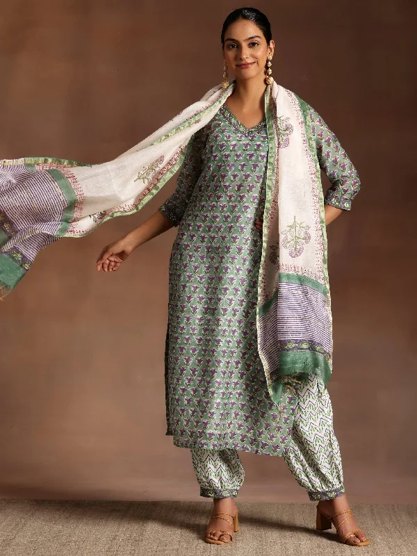 Green Printed Cotton Straight Suit With Dupatta