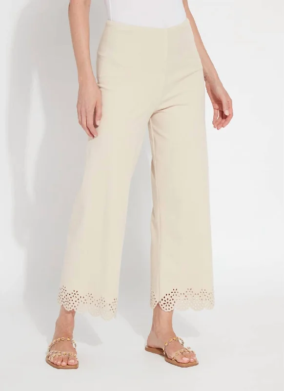 Cropped Embroidered Eyelet Wide Leg Pant In Light Almond