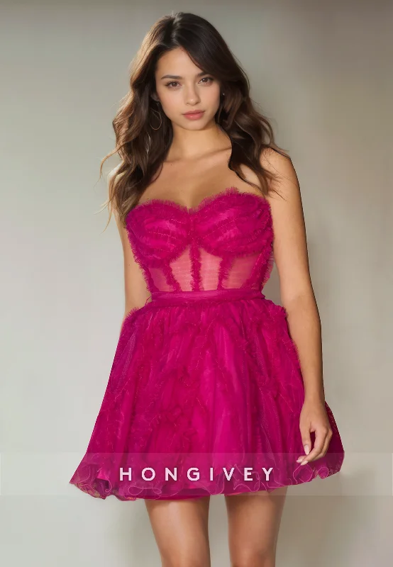 Sheer Tulle A-Line Sweetheart Strapless Short Homecoming Dress