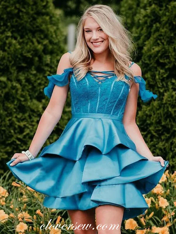 Ice Blue Off The Shoulder Tiered Homecoming Dresses, CH0023