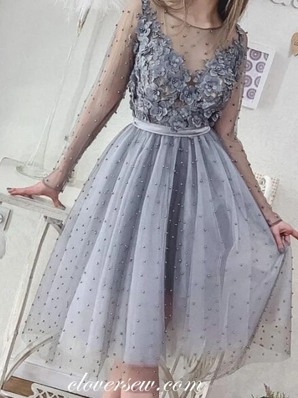 Long Sleeves Grey Bead Tulle Applique Homecoming Dresses, CH0026