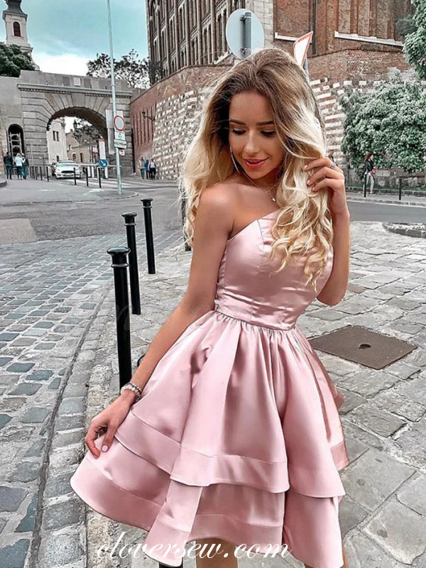 Pink One Shoulder Tiered A-line Homecoming Dresses, CH0017