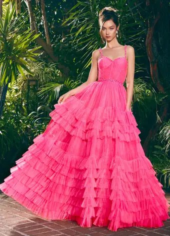 ASHLEYlauren 11603 Spaghetti Strap Tiered Tulle Gown with Corset Bustier