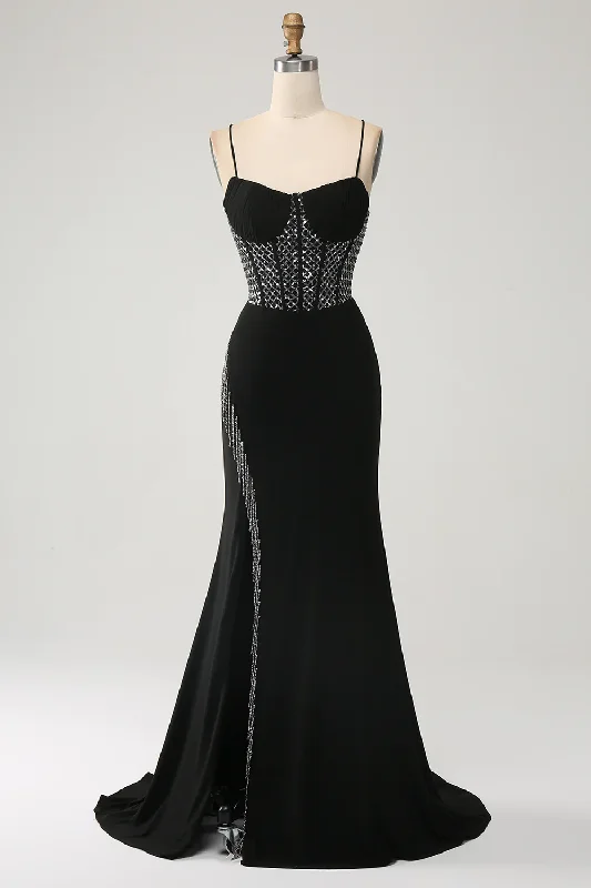 Gorgeous Black Spaghetti Straps Sequin Mermaid Long Prom Dress with Slit,DP1868