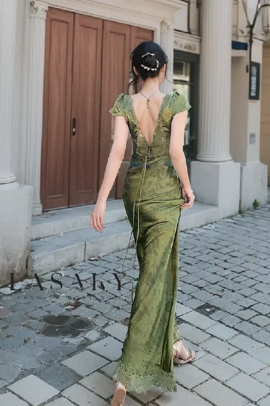 Green V Neck Cap Sleeves Sheath Long Party Dress,DP1856