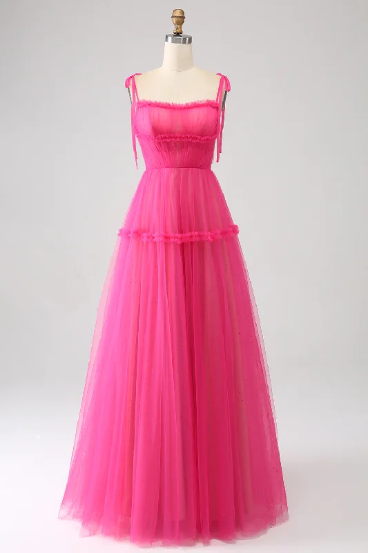 Hot Pink Princess A-Line Spaghetti Straps Tulle Long Prom Dress,DP1864