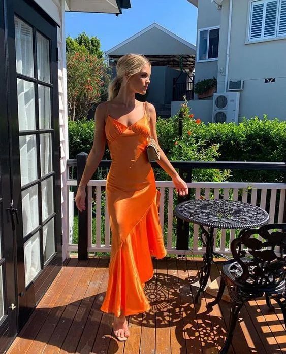 Orange Spaghetti Straps Ruffle Long Party Dress,DP1853